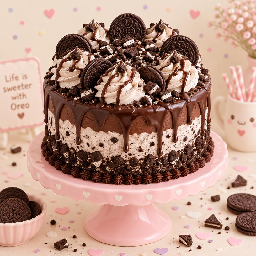 Oreo taart met chocoladedrip en koekjes